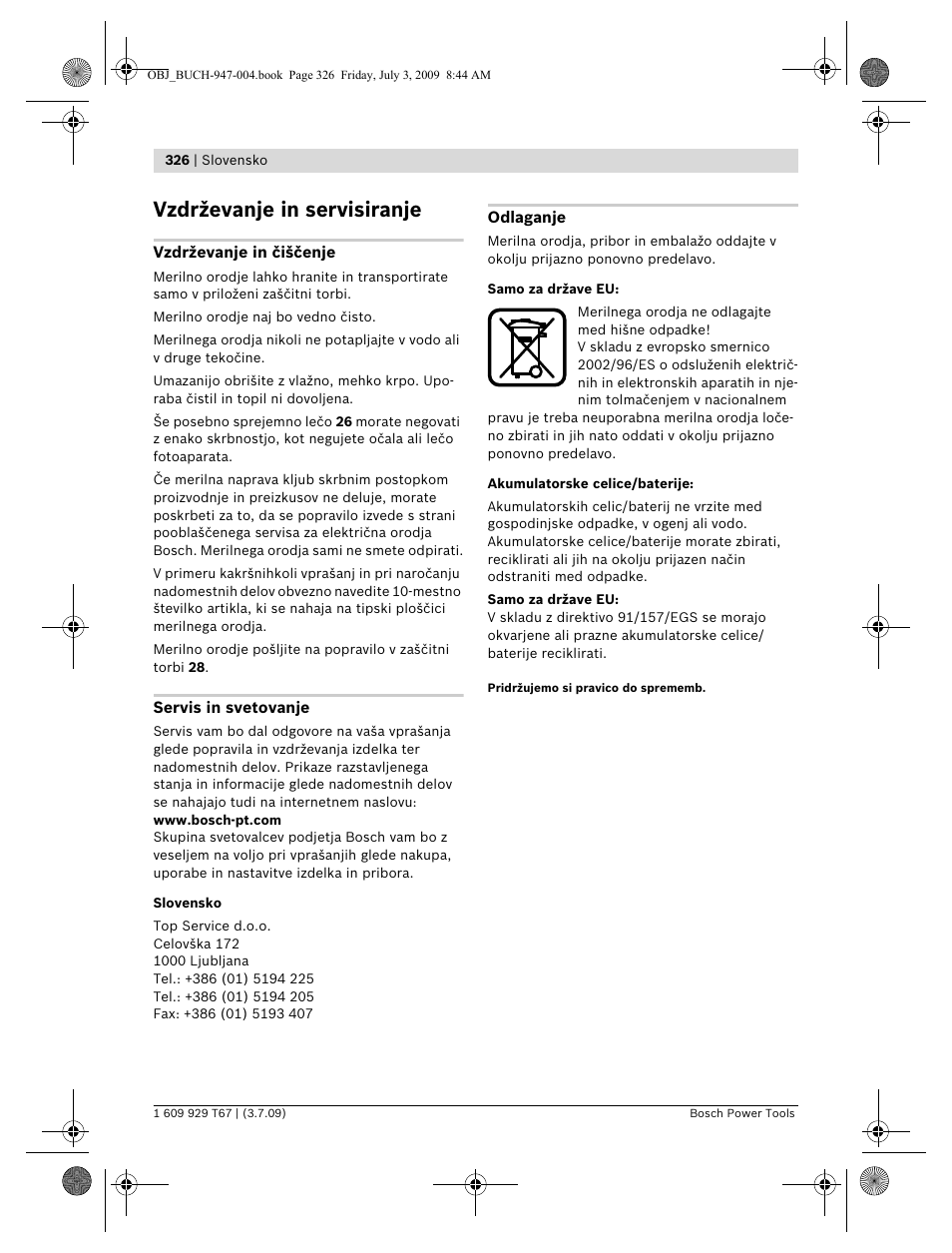 Vzdrževanje in servisiranje | Bosch GLM 150 Professional User Manual | Page 326 / 440