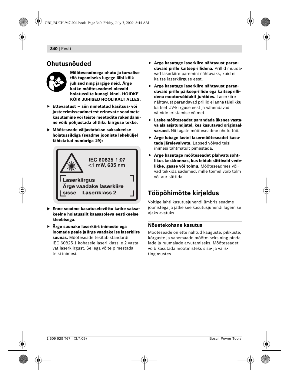 Ohutusnõuded, Tööpõhimõtte kirjeldus | Bosch GLM 150 Professional User Manual | Page 340 / 440