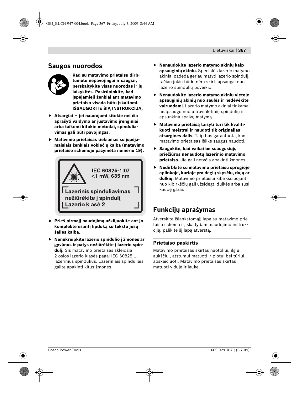 Saugos nuorodos, Funkcijų aprašymas | Bosch GLM 150 Professional User Manual | Page 367 / 440