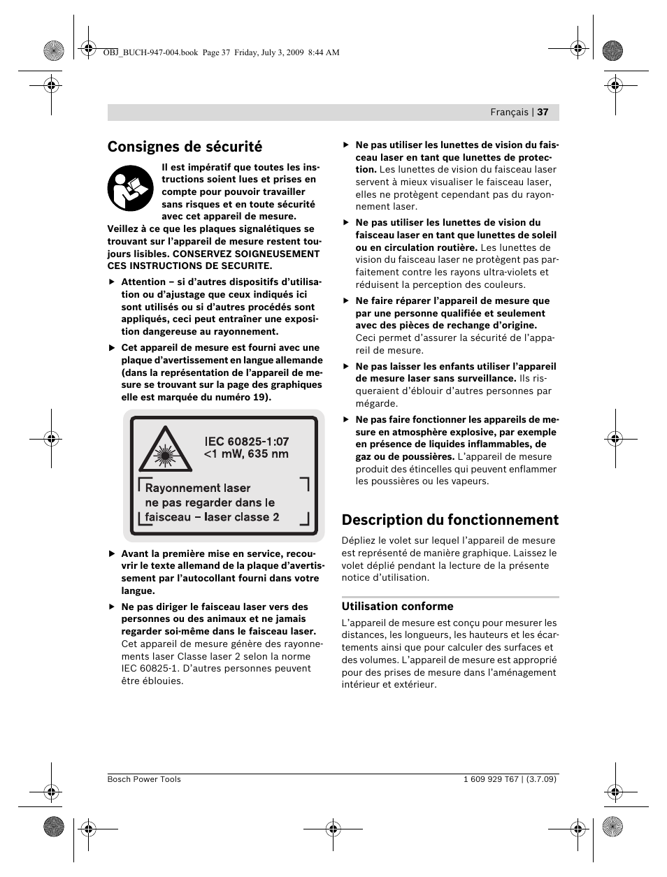 Consignes de sécurité, Description du fonctionnement | Bosch GLM 150 Professional User Manual | Page 37 / 440