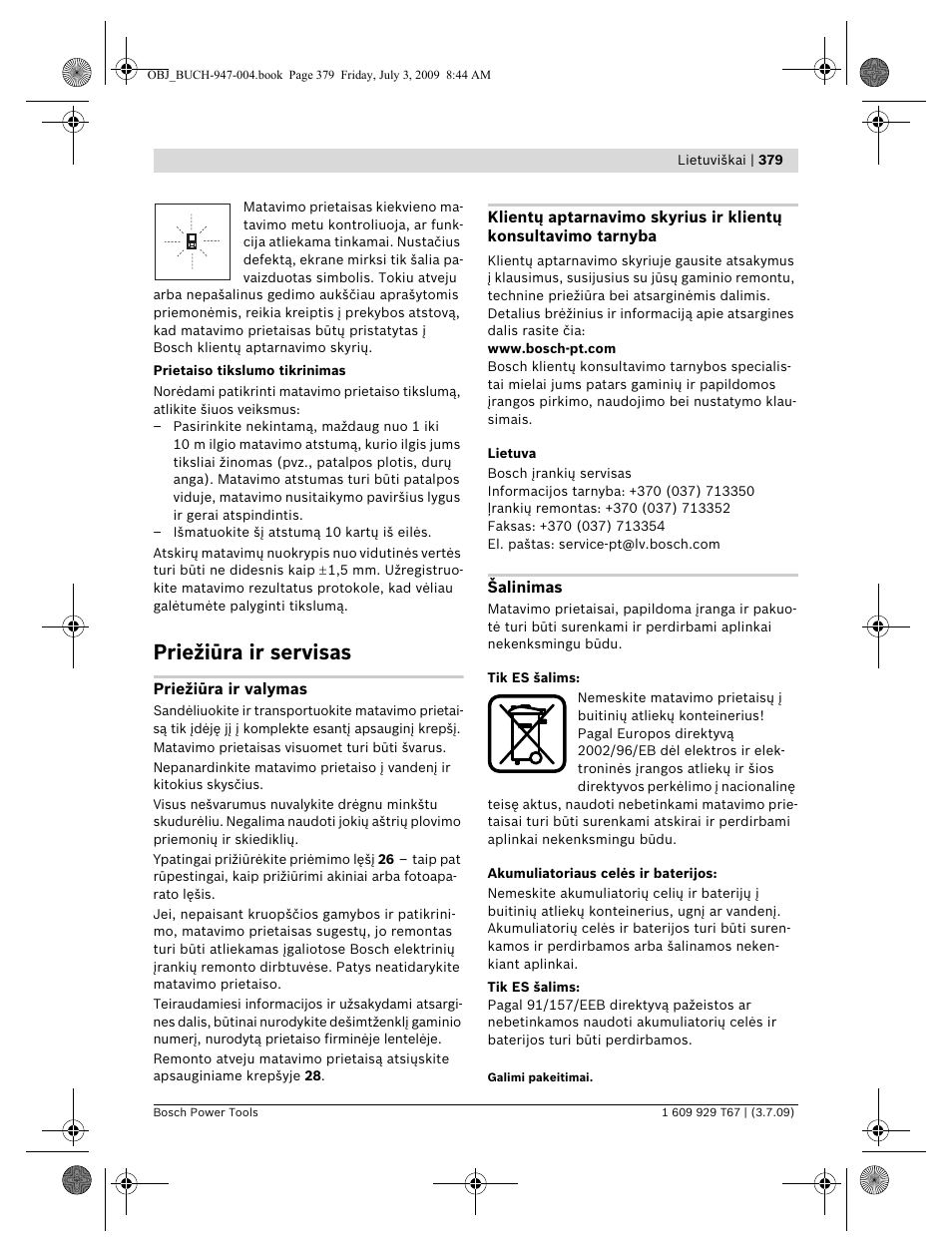 Priežiūra ir servisas | Bosch GLM 150 Professional User Manual | Page 379 / 440