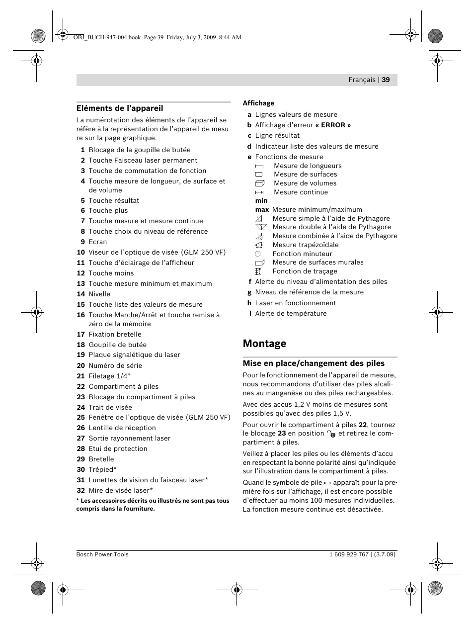 Montage, Eléments de l’appareil, Mise en place/changement des piles | Bosch GLM 150 Professional User Manual | Page 39 / 440