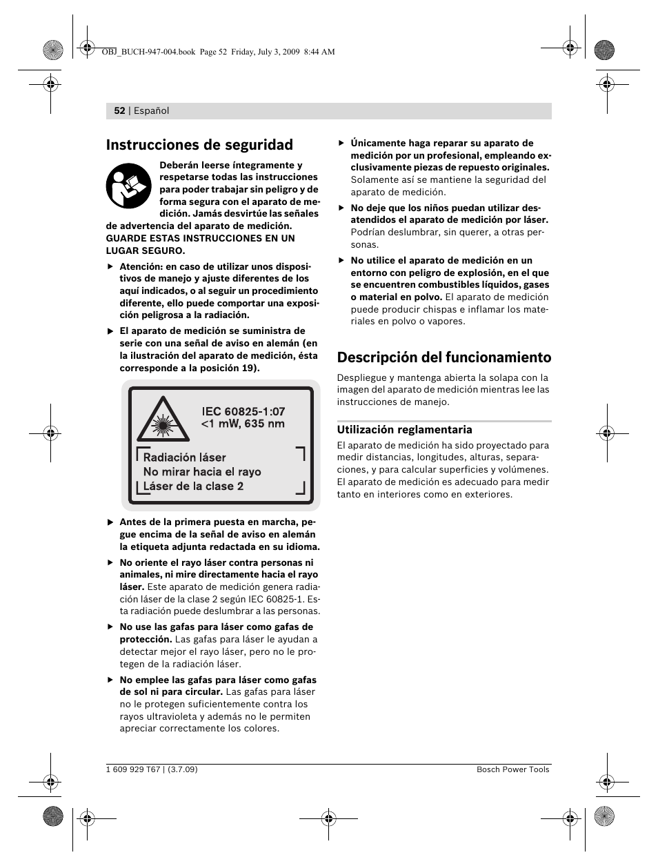 Instrucciones de seguridad, Descripción del funcionamiento | Bosch GLM 150 Professional User Manual | Page 52 / 440