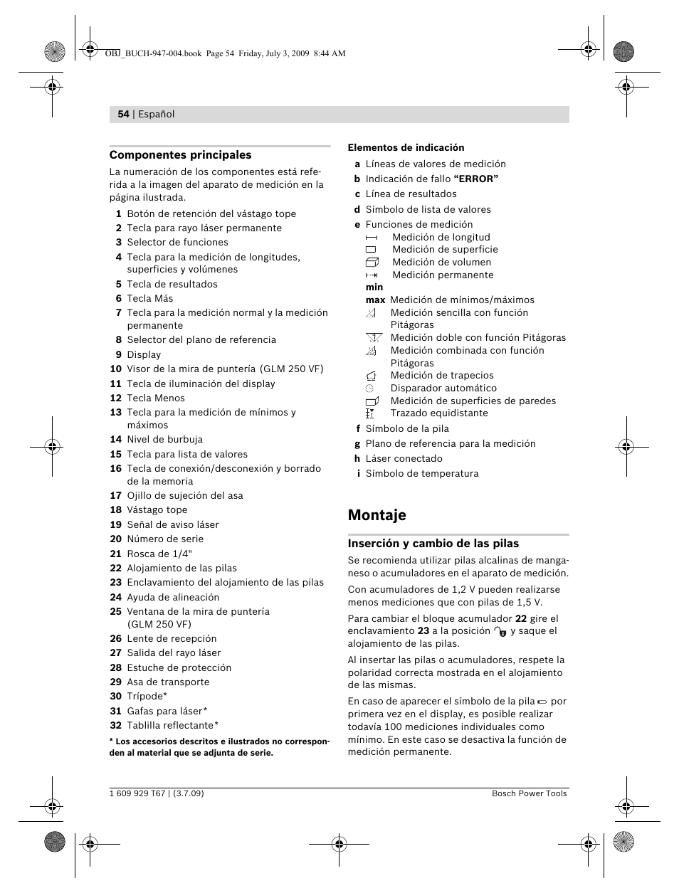 Montaje, Componentes principales, Inserción y cambio de las pilas | Bosch GLM 150 Professional User Manual | Page 54 / 440
