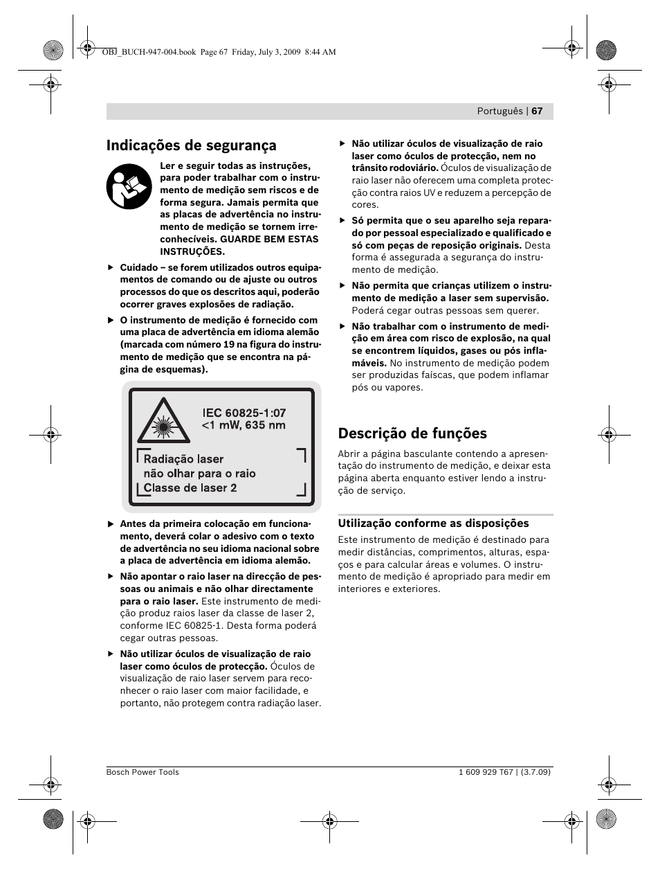Indicações de segurança, Descrição de funções | Bosch GLM 150 Professional User Manual | Page 67 / 440