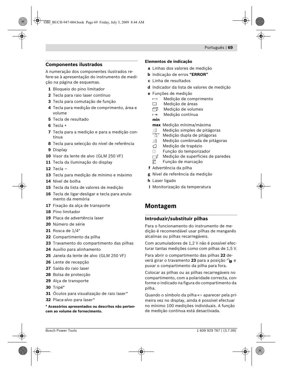 Montagem, Componentes ilustrados, Introduzir/substituir pilhas | Bosch GLM 150 Professional User Manual | Page 69 / 440