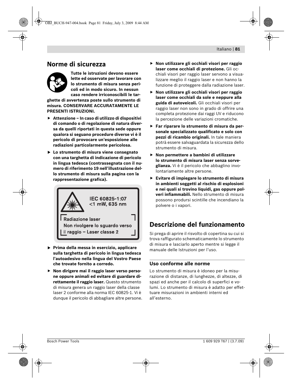Norme di sicurezza, Descrizione del funzionamento | Bosch GLM 150 Professional User Manual | Page 81 / 440
