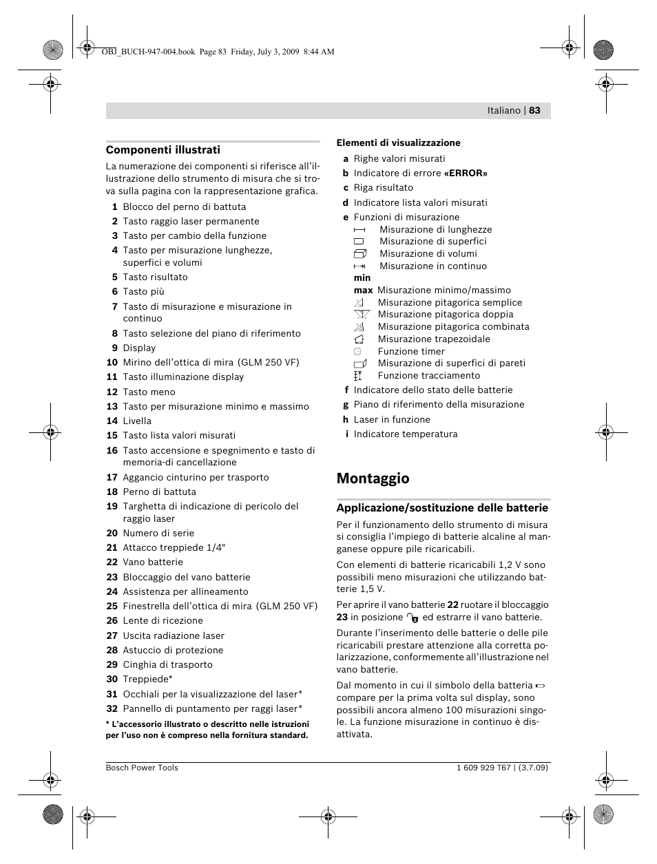 Montaggio, Componenti illustrati, Applicazione/sostituzione delle batterie | Bosch GLM 150 Professional User Manual | Page 83 / 440