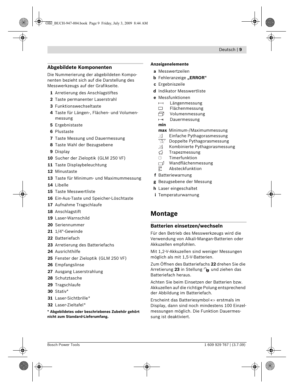 Montage, Abgebildete komponenten, Batterien einsetzen/wechseln | Bosch GLM 150 Professional User Manual | Page 9 / 440