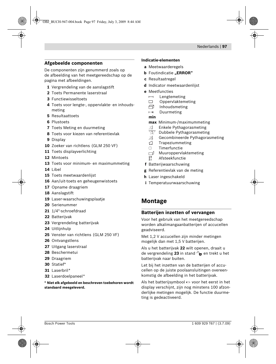 Montage, Afgebeelde componenten, Batterijen inzetten of vervangen | Bosch GLM 150 Professional User Manual | Page 97 / 440