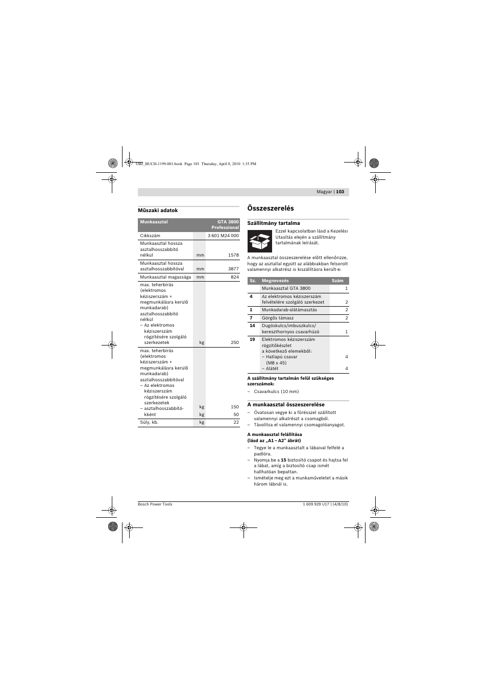 Összeszerelés | Bosch GTA 3800 Professional User Manual | Page 103 / 171