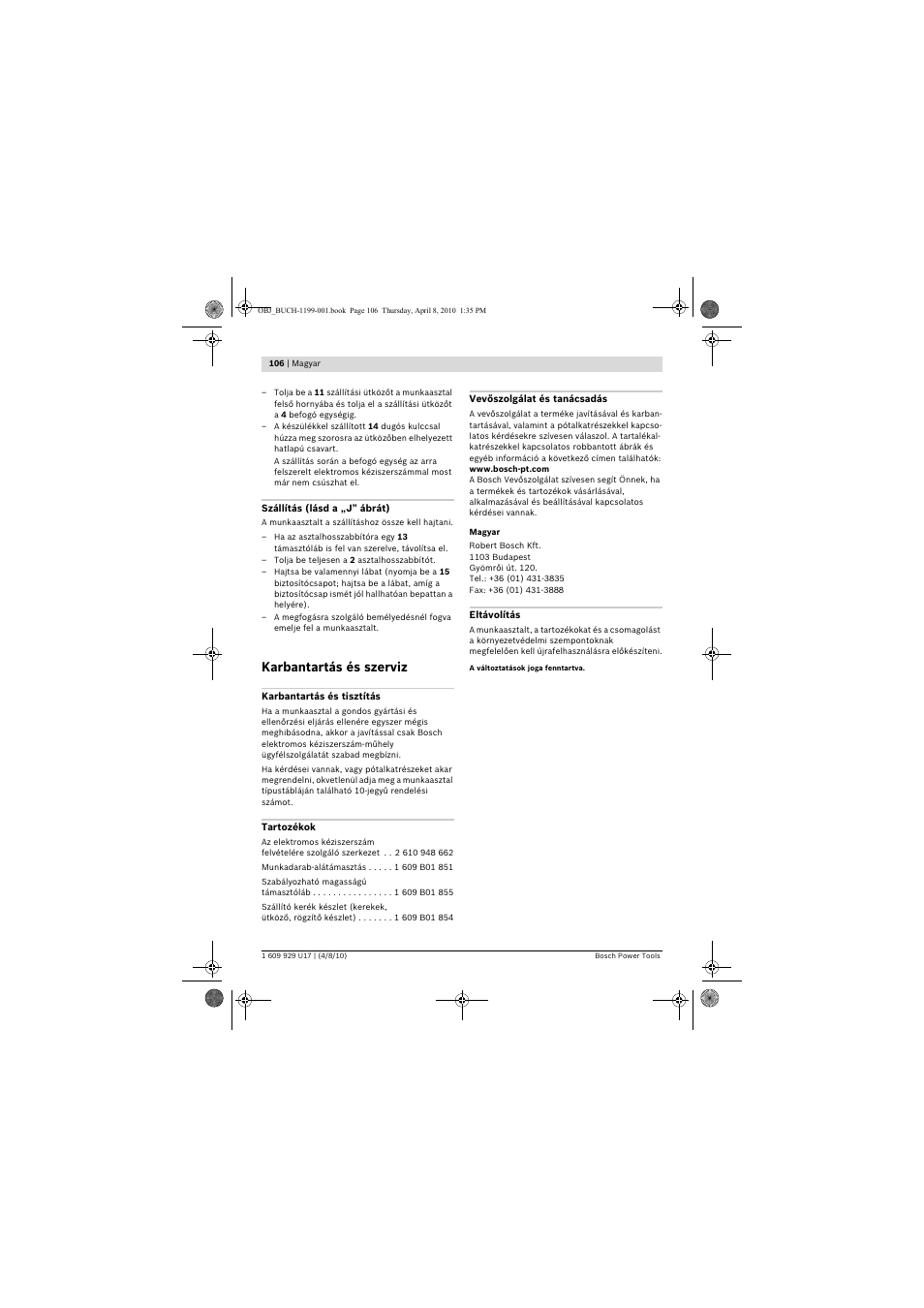 Karbantartás és szerviz | Bosch GTA 3800 Professional User Manual | Page 106 / 171