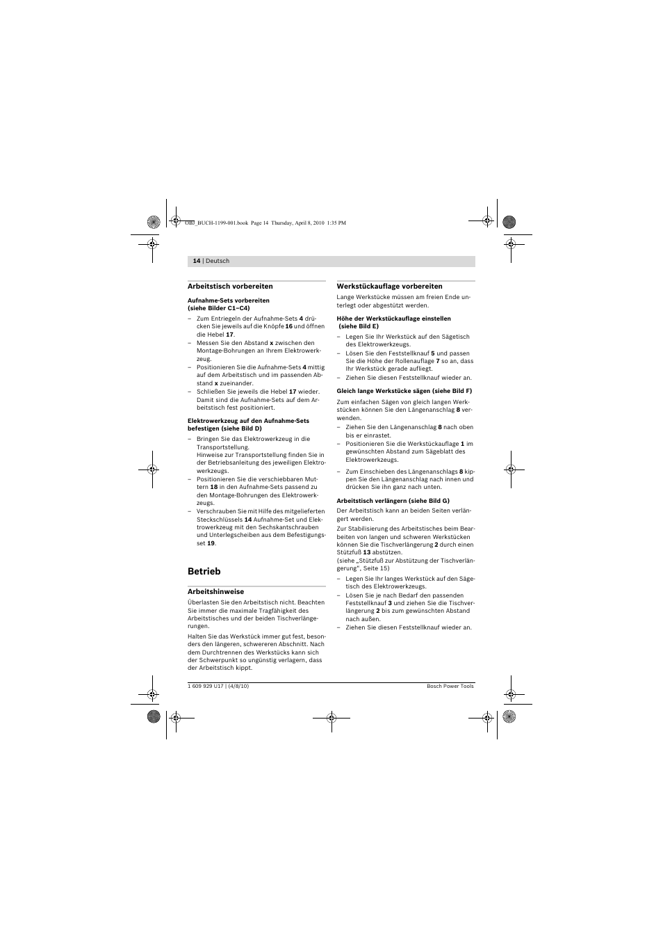 Betrieb | Bosch GTA 3800 Professional User Manual | Page 14 / 171