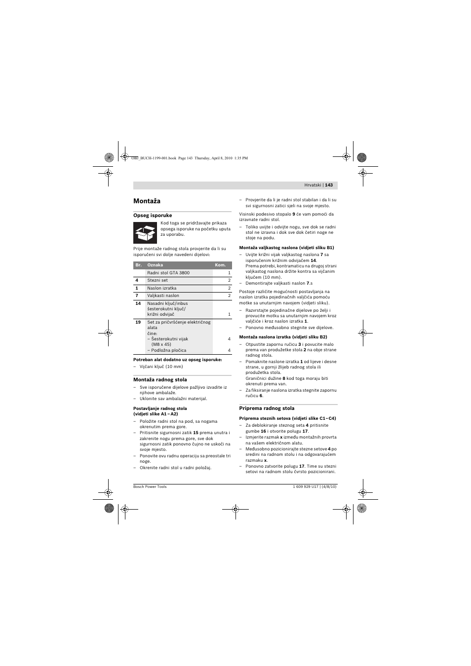 Montaža | Bosch GTA 3800 Professional User Manual | Page 143 / 171