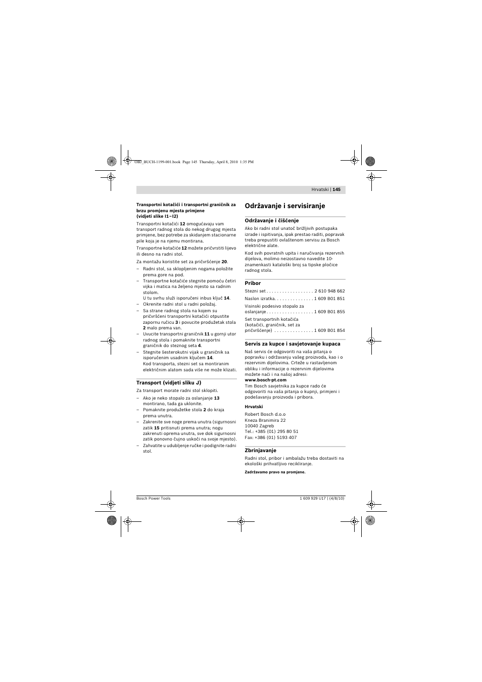 Održavanje i servisiranje | Bosch GTA 3800 Professional User Manual | Page 145 / 171