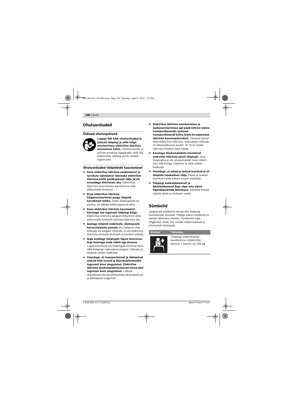 Ohutusnõuded, Sümbolid | Bosch GTA 3800 Professional User Manual | Page 146 / 171