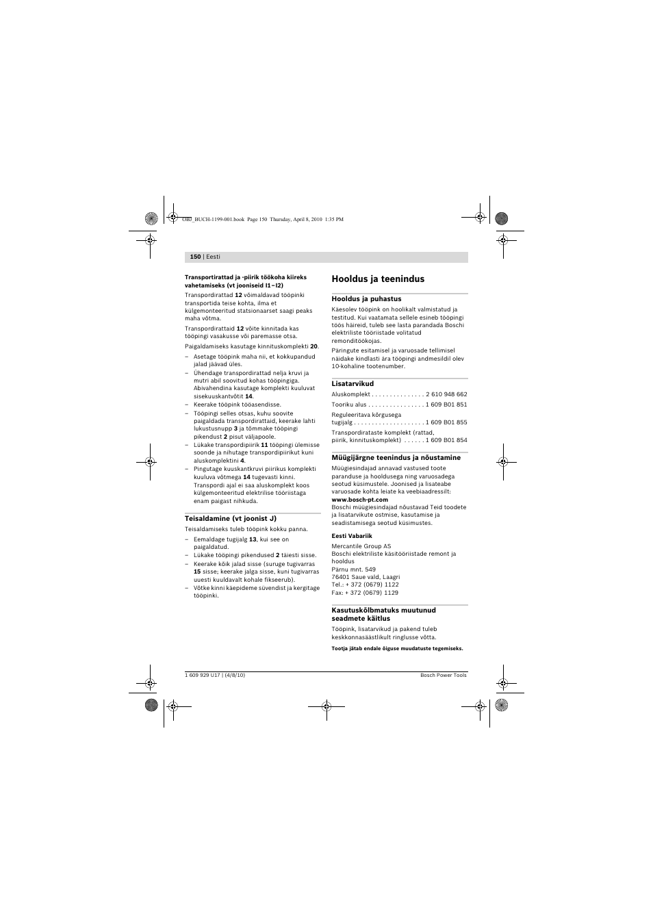 Hooldus ja teenindus | Bosch GTA 3800 Professional User Manual | Page 150 / 171