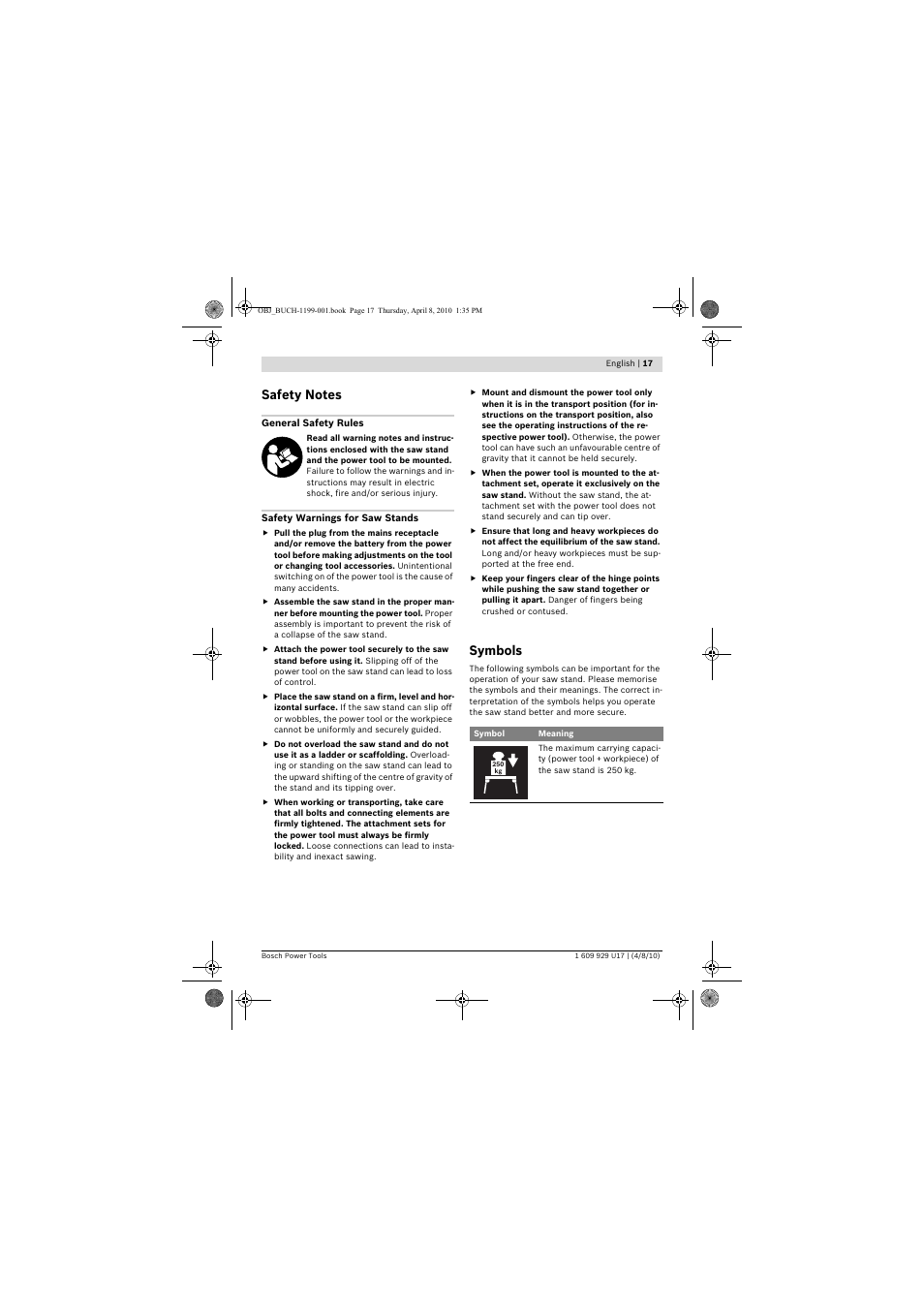 Symbols | Bosch GTA 3800 Professional User Manual | Page 17 / 171