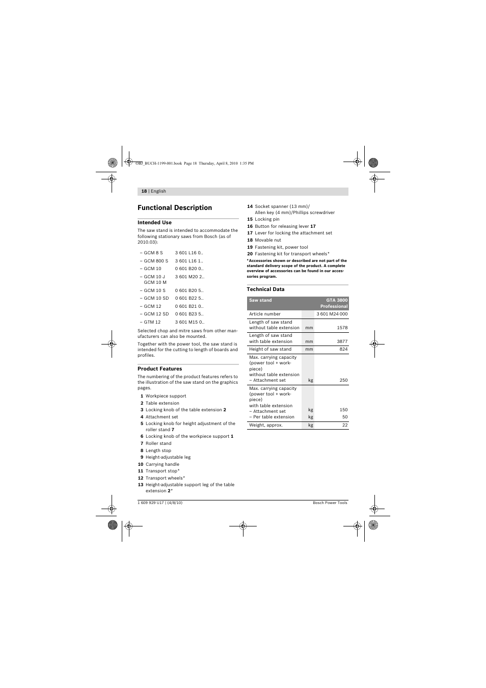 Functional description | Bosch GTA 3800 Professional User Manual | Page 18 / 171
