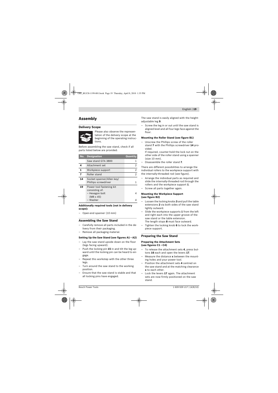 Assembly | Bosch GTA 3800 Professional User Manual | Page 19 / 171