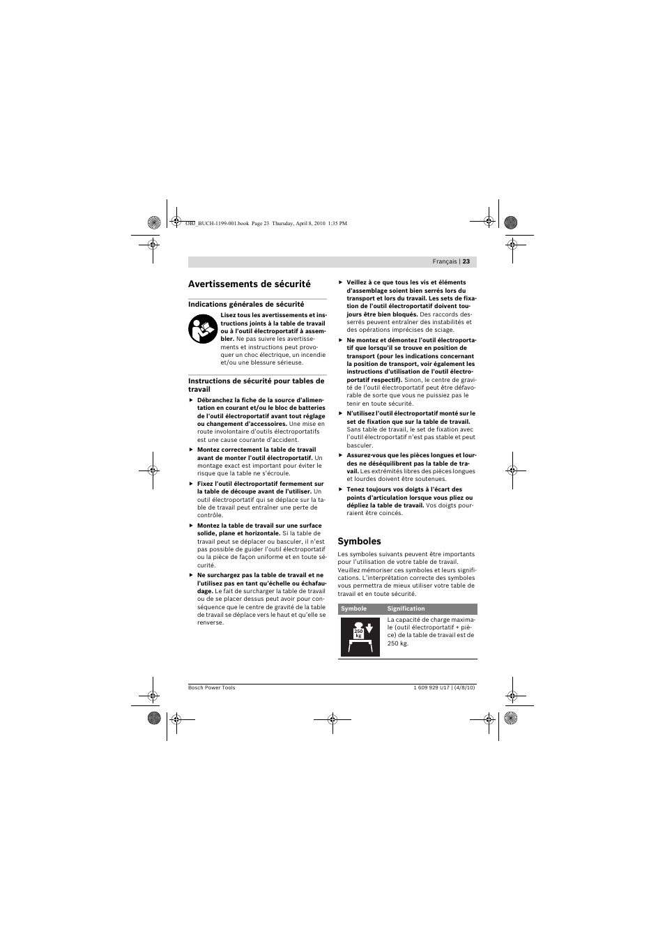 Avertissements de sécurité, Symboles | Bosch GTA 3800 Professional User Manual | Page 23 / 171