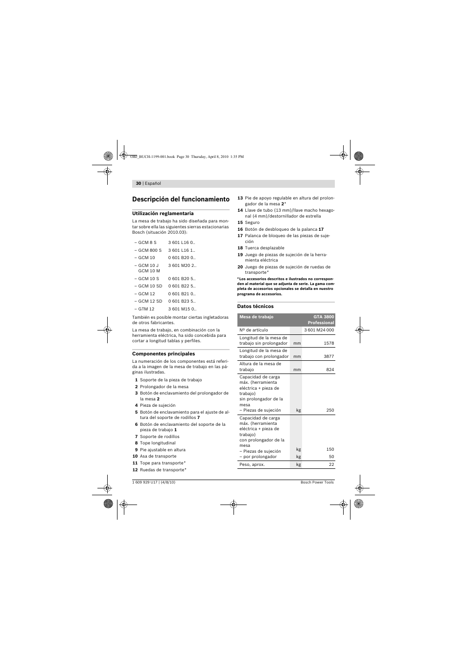 Descripción del funcionamiento | Bosch GTA 3800 Professional User Manual | Page 30 / 171