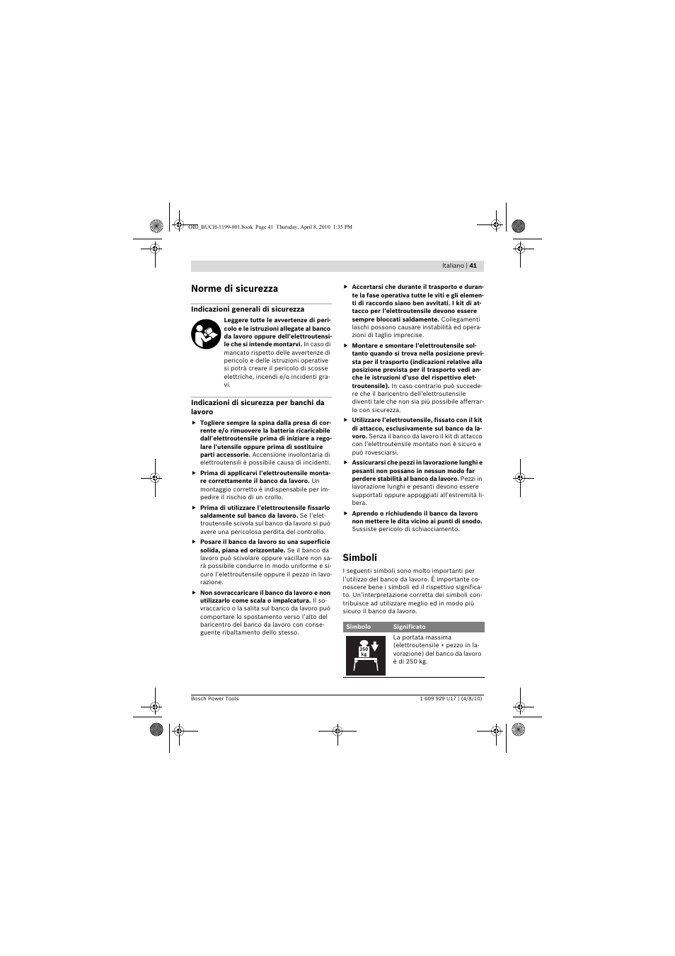 Norme di sicurezza, Simboli | Bosch GTA 3800 Professional User Manual | Page 41 / 171
