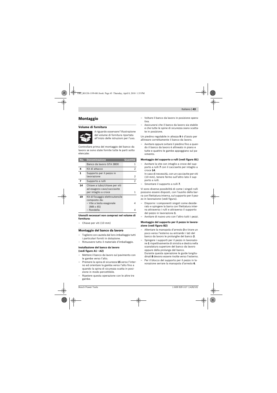 Montaggio | Bosch GTA 3800 Professional User Manual | Page 43 / 171