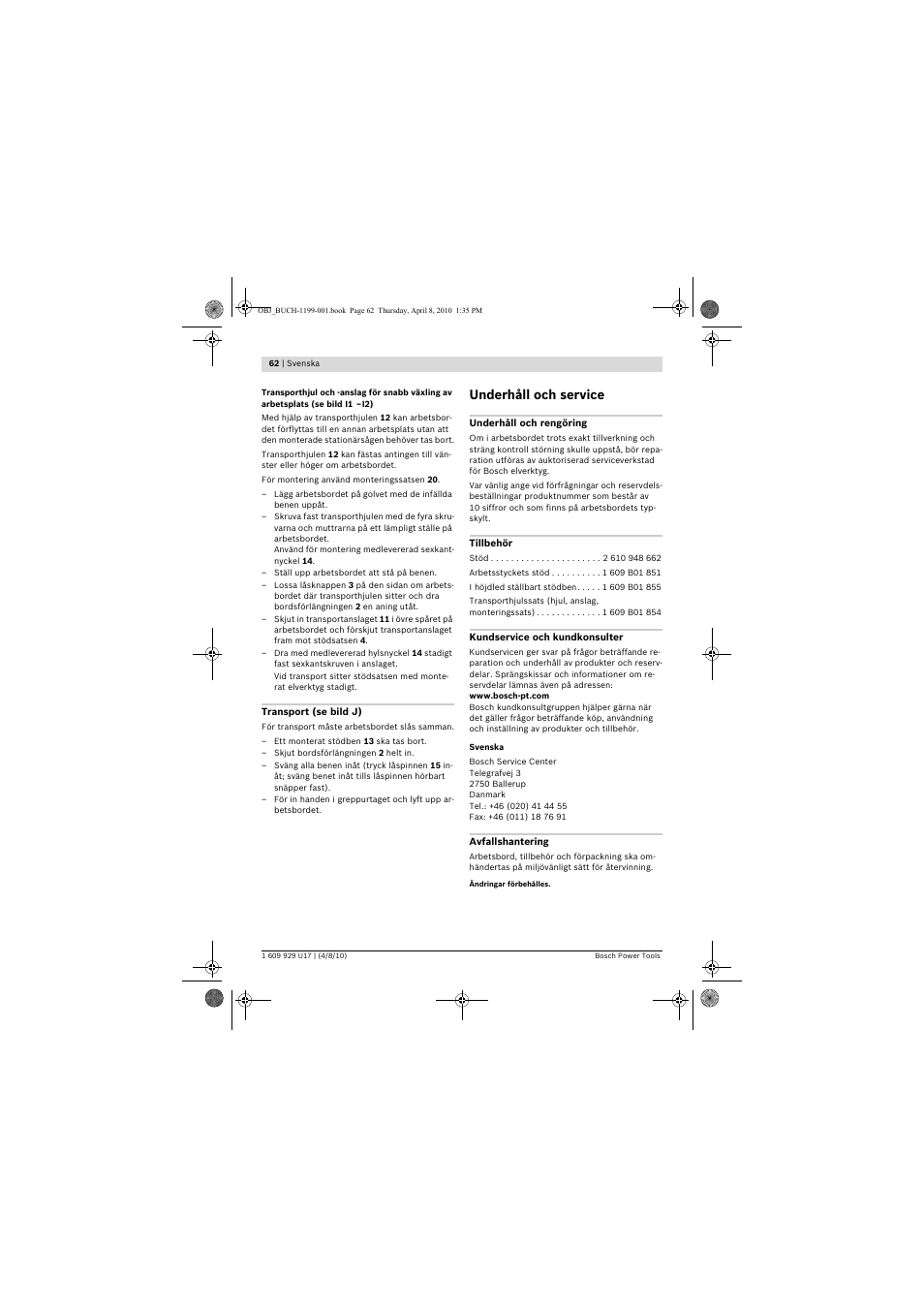 Underhåll och service | Bosch GTA 3800 Professional User Manual | Page 62 / 171