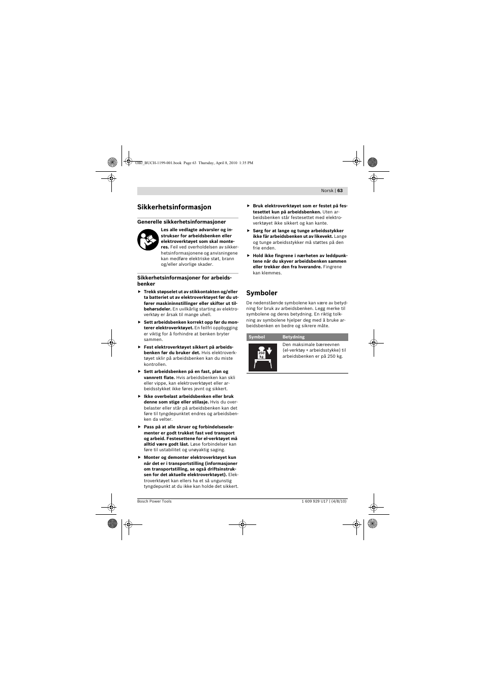 Sikkerhetsinformasjon, Symboler | Bosch GTA 3800 Professional User Manual | Page 63 / 171