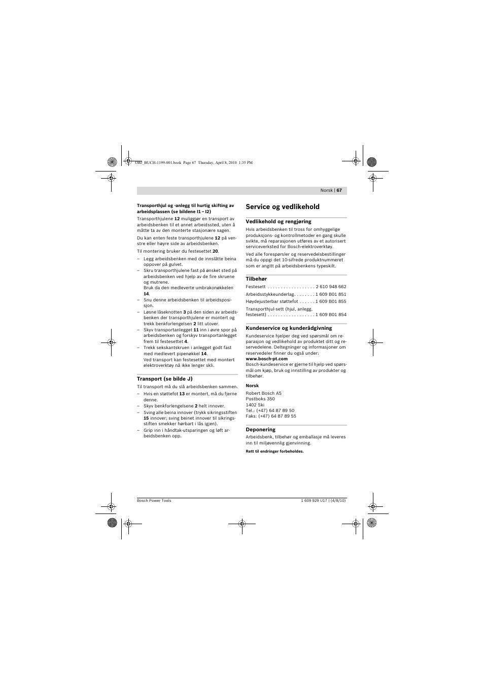 Service og vedlikehold | Bosch GTA 3800 Professional User Manual | Page 67 / 171