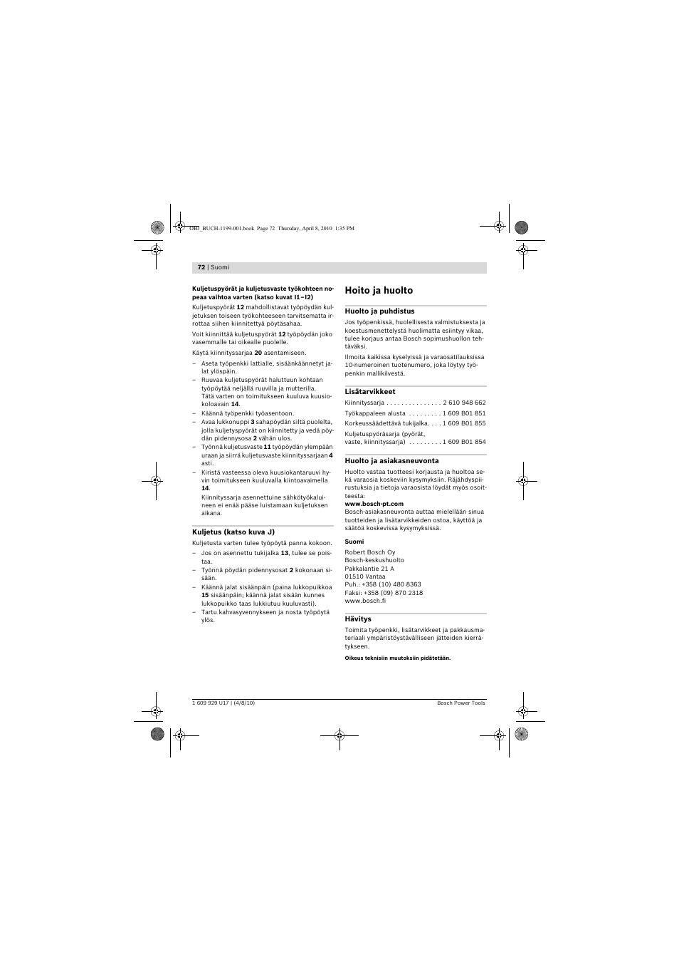 Hoito ja huolto | Bosch GTA 3800 Professional User Manual | Page 72 / 171