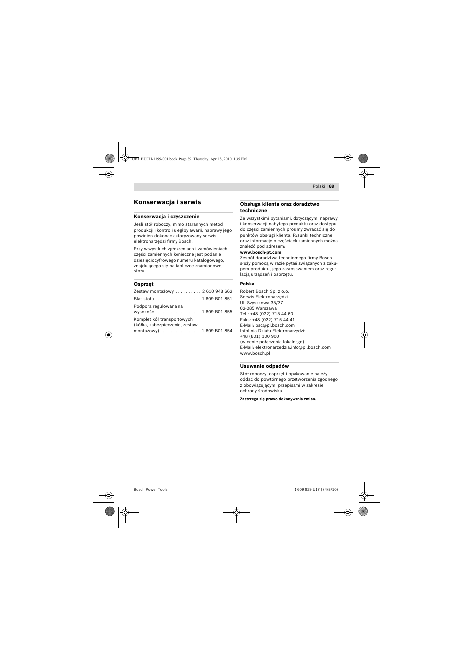 Konserwacja i serwis | Bosch GTA 3800 Professional User Manual | Page 89 / 171