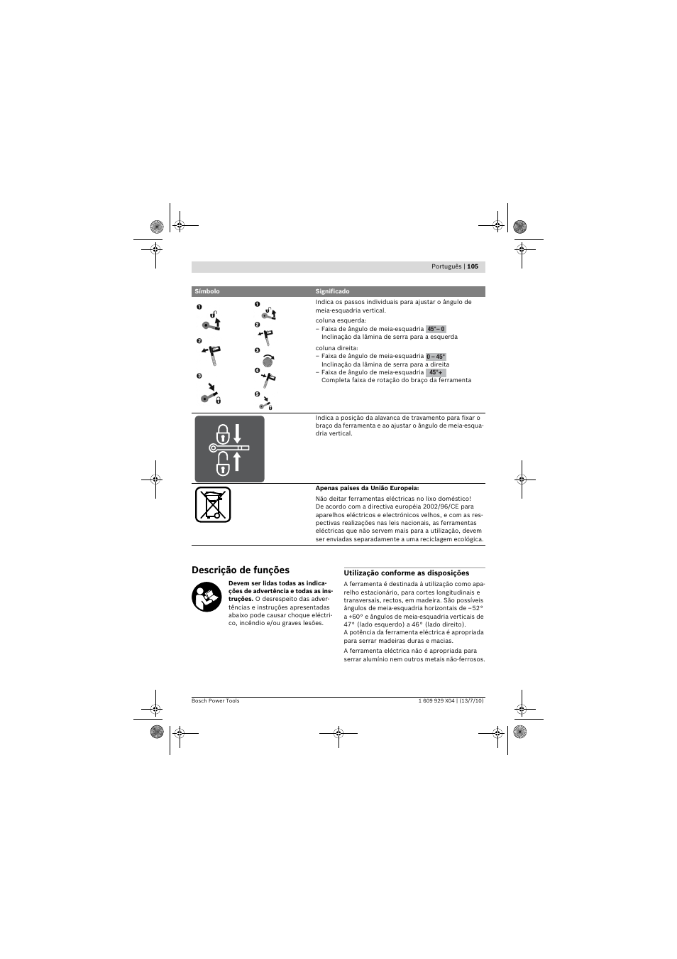 Descrição de funções | Bosch GCM 10 SD Professional User Manual | Page 105 / 630