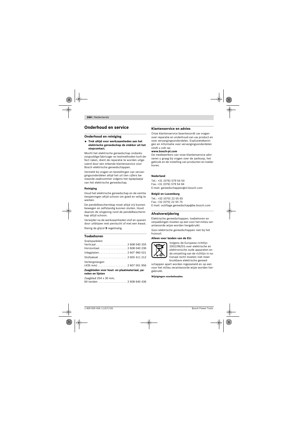 Onderhoud en service | Bosch GCM 10 SD Professional User Manual | Page 164 / 630