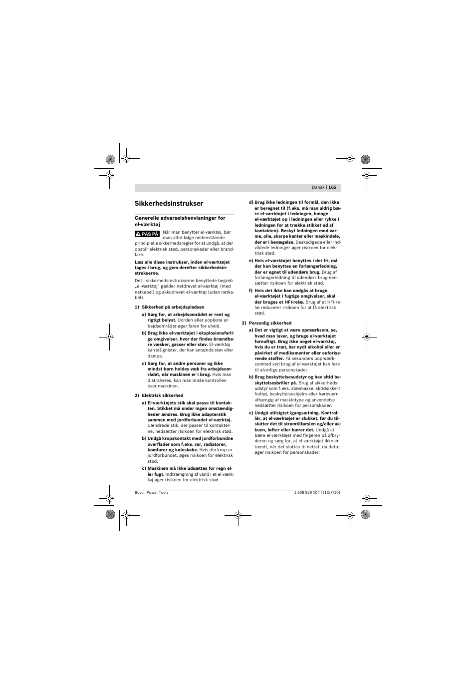 Sikkerhedsinstrukser | Bosch GCM 10 SD Professional User Manual | Page 165 / 630
