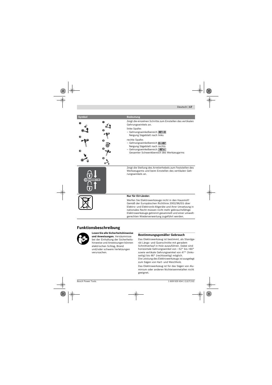 Funktionsbeschreibung | Bosch GCM 10 SD Professional User Manual | Page 17 / 630