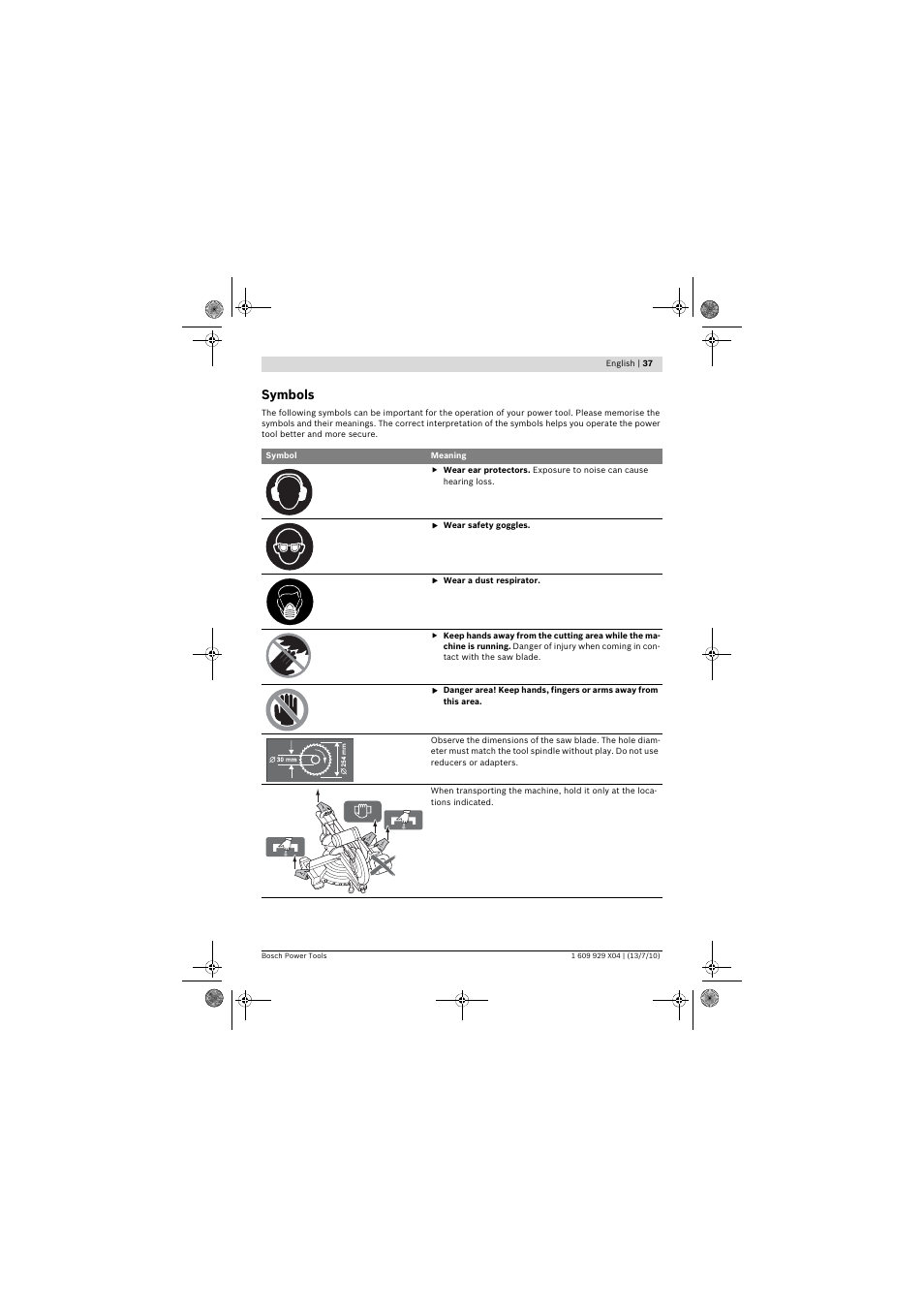 Symbols | Bosch GCM 10 SD Professional User Manual | Page 37 / 630
