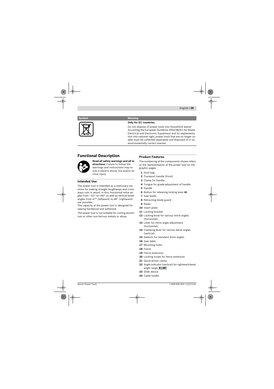 Functional description | Bosch GCM 10 SD Professional User Manual | Page 39 / 630