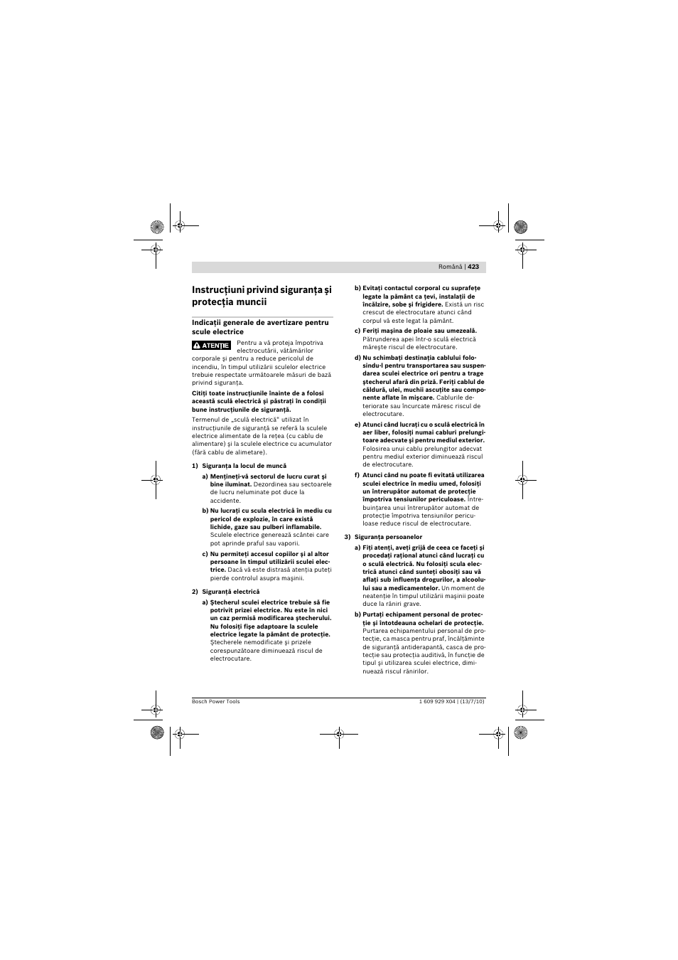 Instrucţiuni privind siguranţa şi protecţia muncii | Bosch GCM 10 SD Professional User Manual | Page 423 / 630