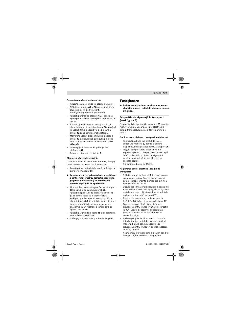 Funcţionare | Bosch GCM 10 SD Professional User Manual | Page 433 / 630