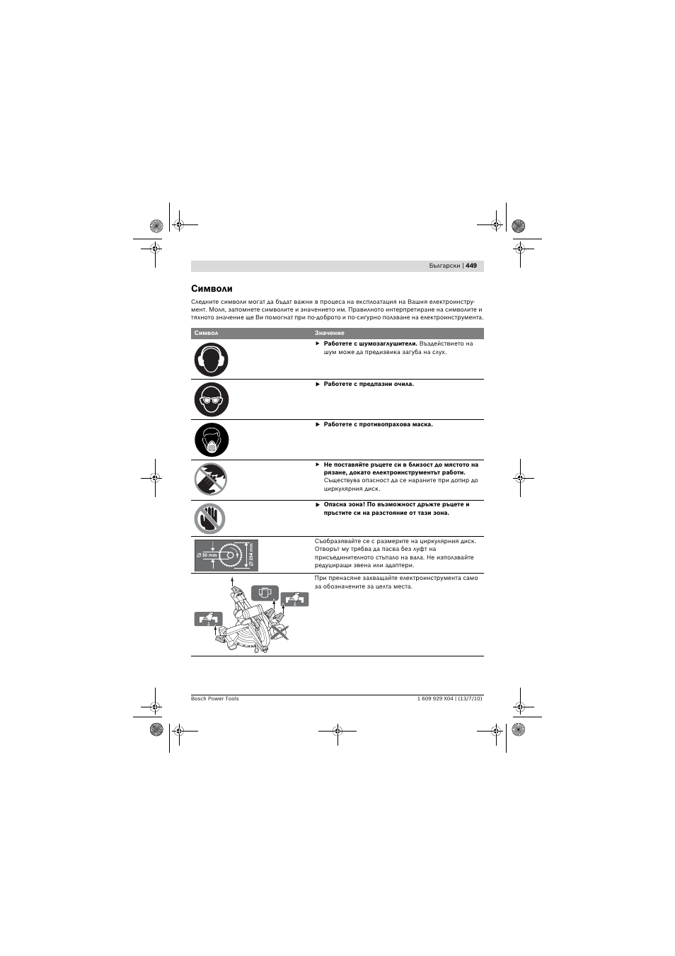 Символи | Bosch GCM 10 SD Professional User Manual | Page 449 / 630