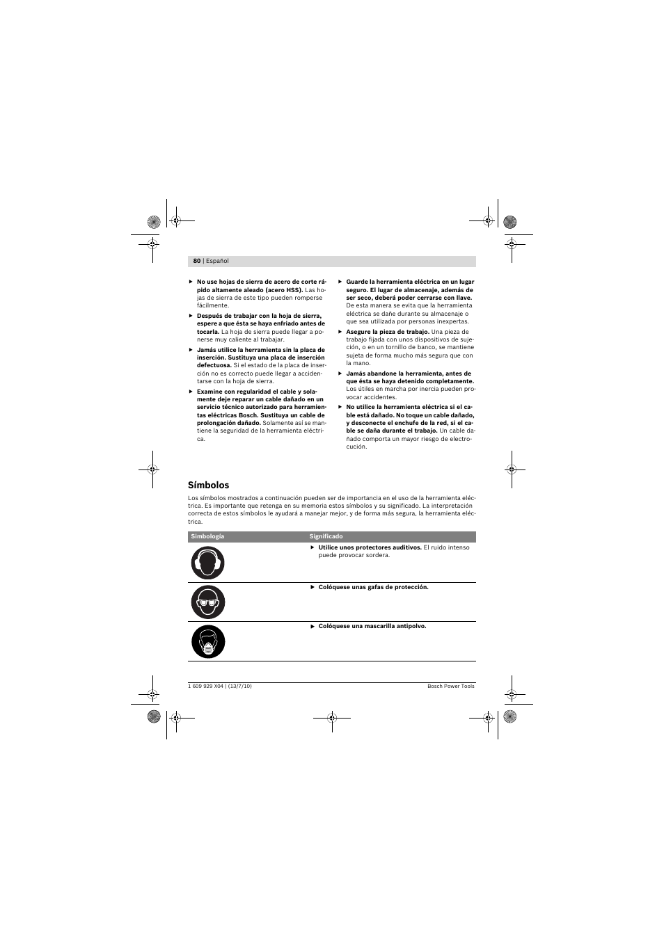 Símbolos | Bosch GCM 10 SD Professional User Manual | Page 80 / 630