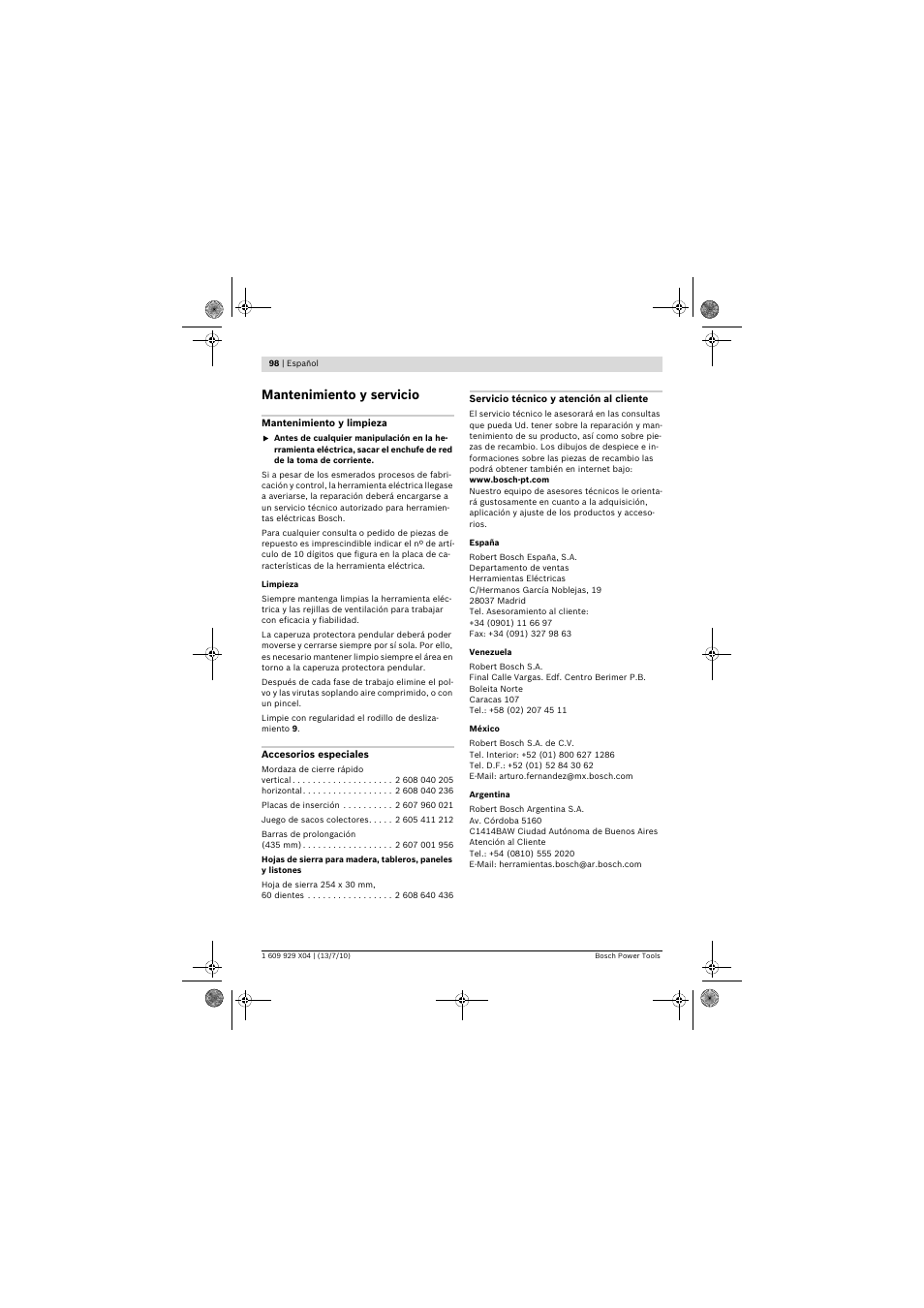 Mantenimiento y servicio | Bosch GCM 10 SD Professional User Manual | Page 98 / 630