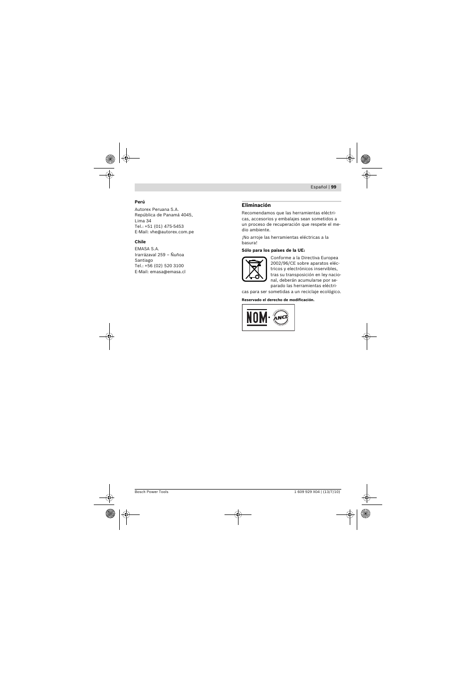 Eliminación, Español | 99 | Bosch GCM 10 SD Professional User Manual | Page 99 / 630