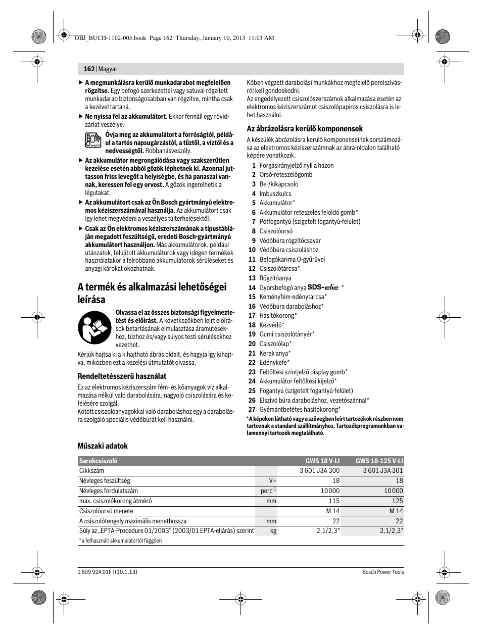 A termék és alkalmazási lehetőségei leírása | Bosch GWS 18-125 V-LI Professional User Manual | Page 161 / 285