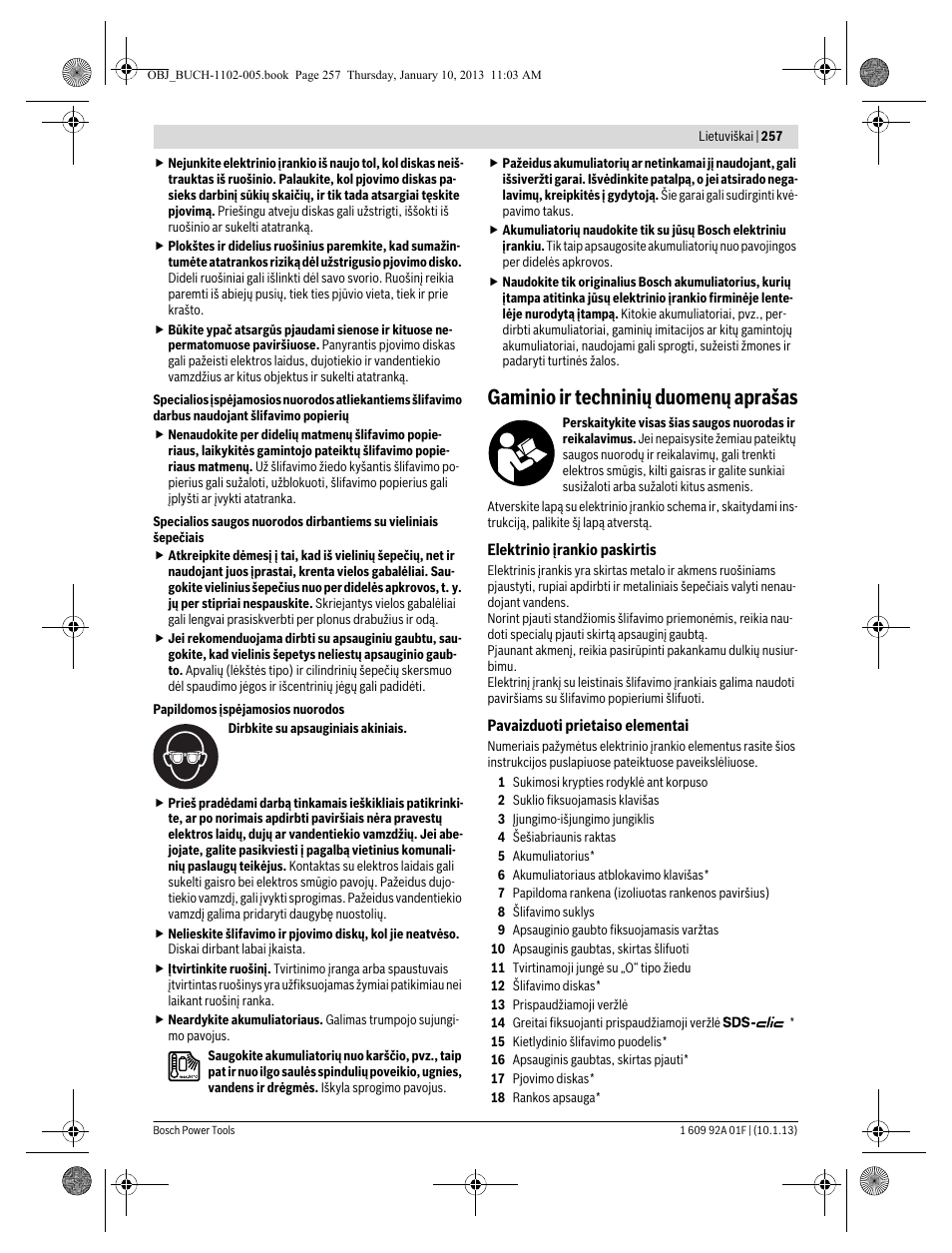 Gaminio ir techninių duomenų aprašas | Bosch GWS 18-125 V-LI Professional User Manual | Page 256 / 285