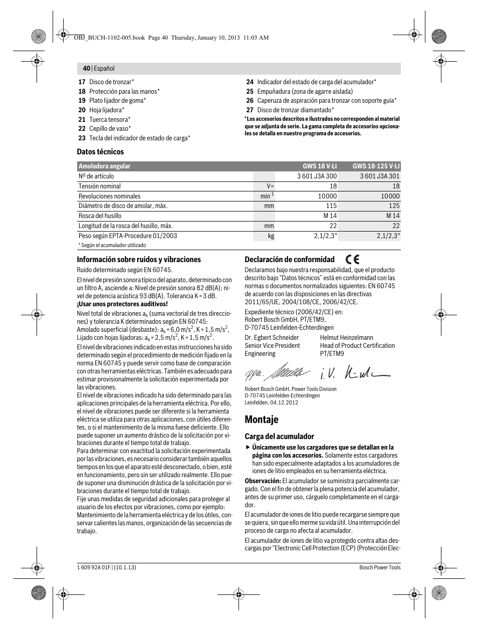 Montaje | Bosch GWS 18-125 V-LI Professional User Manual | Page 39 / 285