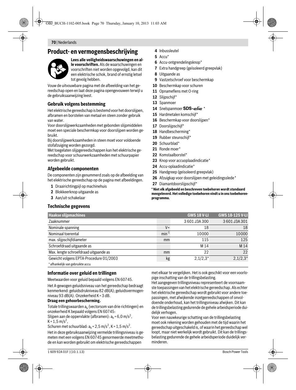 Product- en vermogensbeschrijving | Bosch GWS 18-125 V-LI Professional User Manual | Page 69 / 285