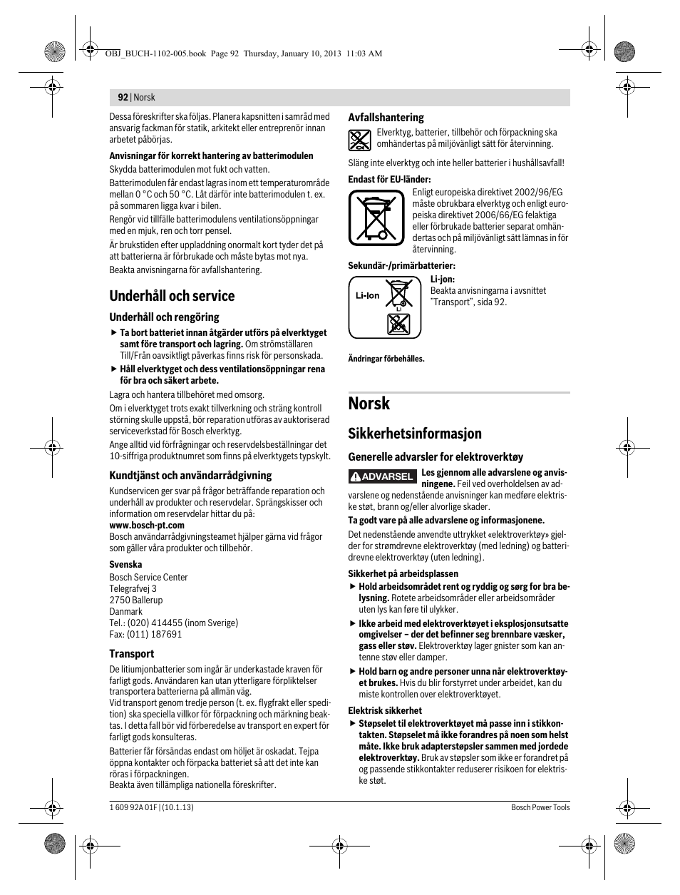 Norsk, Underhåll och service, Sikkerhetsinformasjon | Bosch GWS 18-125 V-LI Professional User Manual | Page 91 / 285